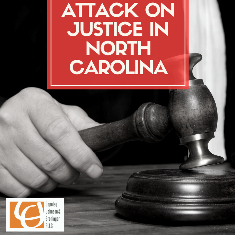 Gavel and text "Attack on Justice in North Carolina"